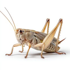 A close-up of a detailed grasshopper with long antennae and textured wings standing on a white background.
