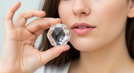 Young woman holding crystal while gazing at it with curiosity  