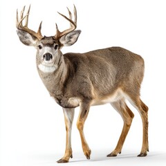 Obraz premium A mature deer with large antlers stands alert against a white background.