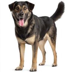 Friendly mixed-breed dog standing on a white background with mouth open and tongue out.