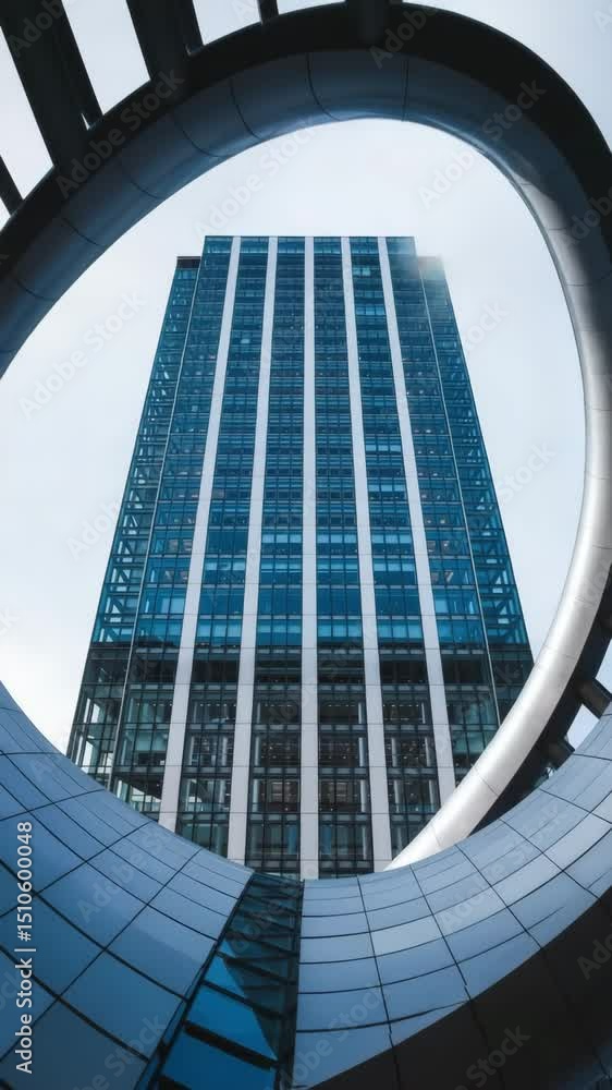 Poster modern office building framed by architectural structure with moving clouds.