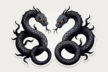Obraz premium Two black, entwined dragons face each other with fierce yellow eyes and forked tongues on a light background.