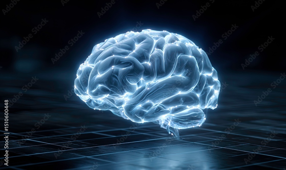 Poster glowing human brain on grid artificial intelligence neural network and cognitive function