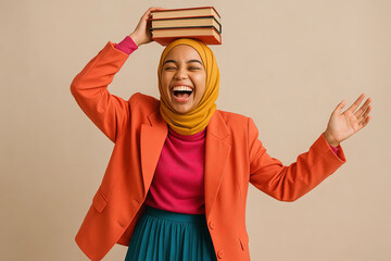 Young woman laughing while balancing books on her head indoors  