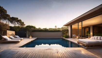 Obraz premium a tranquil outdoor space featuring a sleek pool elegant loungers and minimalist design creating a serene retreat for relaxation and leisure