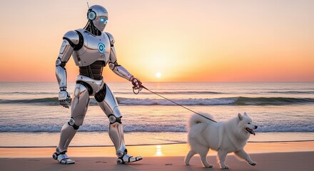 Robot walking a white dog along the beach at sunset - people and technology  