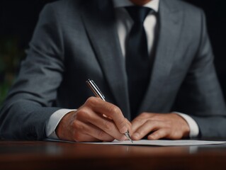 Man in suit signing contract or agreement on black desk.