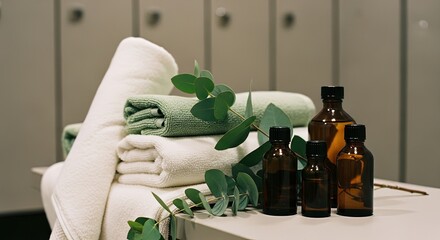 Set of towels and essential oil bottles on a table in a spa environment  