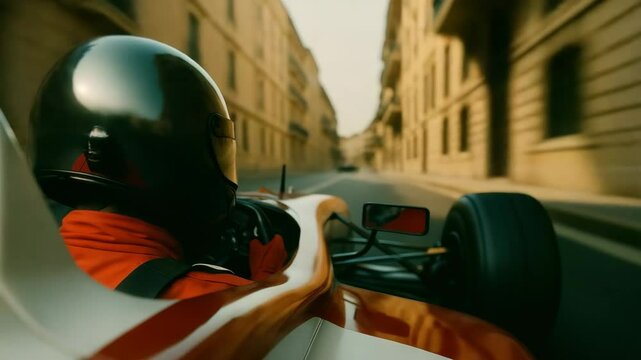 A view of an old school racing car, racing through a street circuit