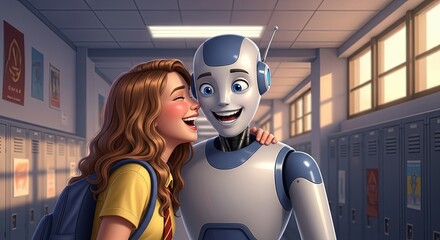 Girl laughing while talking to robot in school hallway  