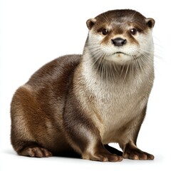 Curious otter sitting on a white background, showcasing its smooth brown fur and expressive face.