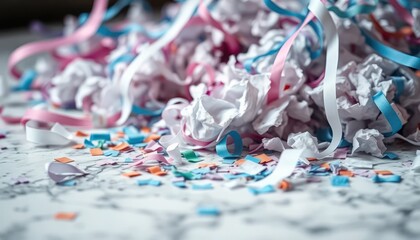 Celebration Aftermath: Crumpled Paper, Confetti, and Ribbons on Marble Surface