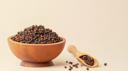 Arrays of dried Chinese prickly ash in a wood bowl with a scoop over a pale beige setting red hue lovely hue delish food space, Generative AI.