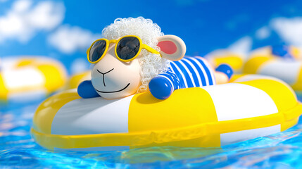 Obraz premium Sheep in Sunglasses Relaxing on a Pool Float in Bright Sunny Weather