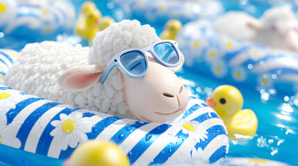 Adorable Sheep Relaxing on Inflatable in Pool Wearing Stylish Sunglasses