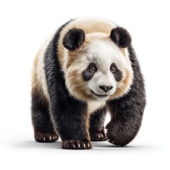 Obraz premium A giant panda walks forward on a white background, displaying its distinctive black and white fur and gentle expression.