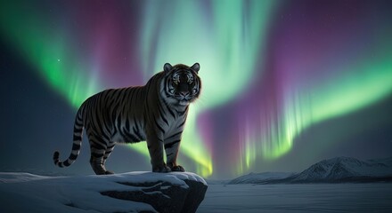 Tiger standing on rock under vibrant northern lights at night  