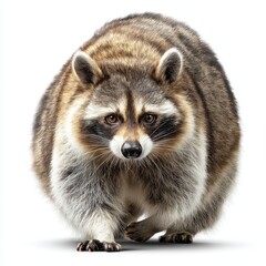 A chubby raccoon stands facing forward against a white background, showcasing its round body and distinctive facial markings.