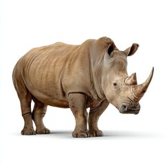 Obraz premium A large rhinoceros stands on a white background, showcasing its thick skin and prominent horn.