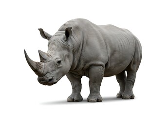 Fototapeta premium White rhinoceros standing isolated on white background, facing left