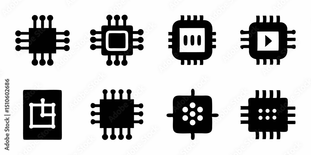 Poster high resolution electronic circuit and computer chip icons design set for digital projects