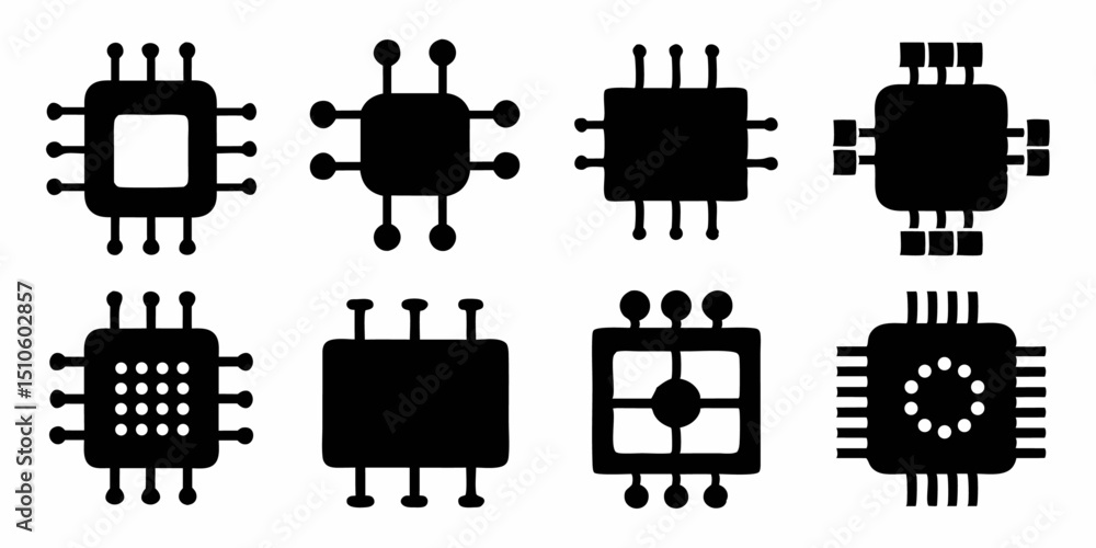 Poster high quality electronic circuit and computer chip icons for digital design projects