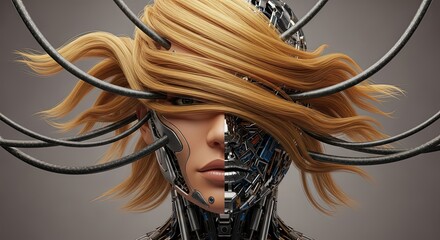 Futuristic cyborg woman with long hair and mechanical features  