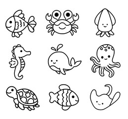 Set collections of cute sea ocean animals creatures doodle hand drawn kids illustration black white coloring book clipart outline happy world international day