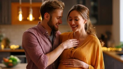 Joyful couple celebrates impending parenthood in cozy indoor kitchen setting during evening time