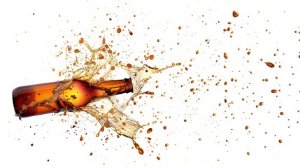 A beer bottle is spillage and crashing in midair over stark white setting depicting coolness and summertime delish and space, Generative AI.