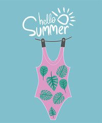 Flat Design Hello  Summer Illustration with Swim Suit at Tropical Leaves Pattern and Sunglasses