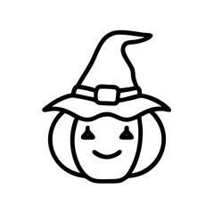 Smiling Pumpkin Witch Line Icon – Cute Halloween Outline Vector Illustration