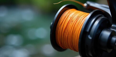 Obraz premium Close-up of a fishing line spooled on a reel, ready for trout fishing High-quality braided line, ideal for catching trout in rivers and streams Various sizes and strengths available , lure, texture