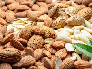 Large group of different almond nuts close-up. Food background.