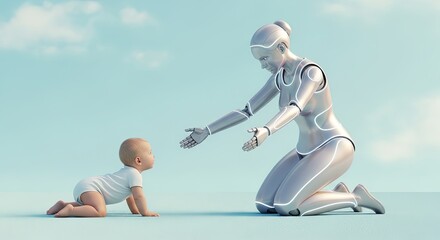 Robot reaching out to crawling baby in a futuristic environment  