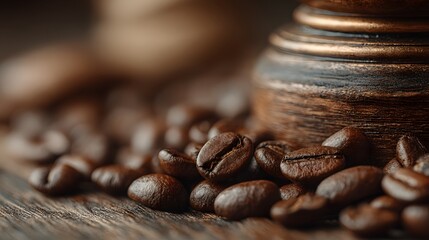 Close-up reveals rich brown coffee beans scattered on a weathered wooden surface near a vintage coffee grinder, creating a warm and inviting atmosphere.