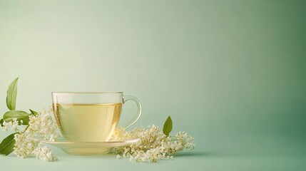A notion of usage and herbal therapy depicted in tiny glass cup with pure blooms meadowsweet and tea over pale green setting, Generative AI.