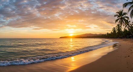 Golden Sunset Over Tropical Beach with Palm Trees and Gentle Wav