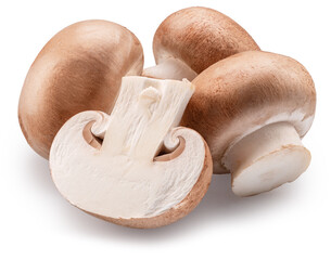Brown champignon mushrooms and half cut mushroom isolated on white background. File contains...
