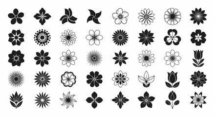 Collection of Diverse Black and White Flower Icon Graphics
