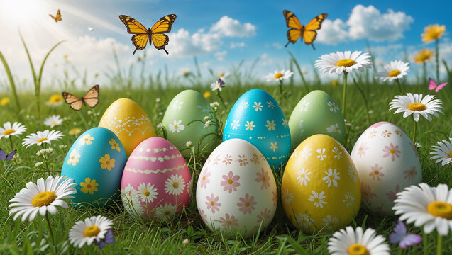 Colorful Easter eggs decorated with daisies in sunny spring meadow with butterflies and blue sky