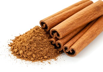 Cinnamon sticks and powder isolated on white background
