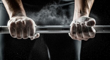 Strong hands gripping a barbell with chalk dust in gym setting  
