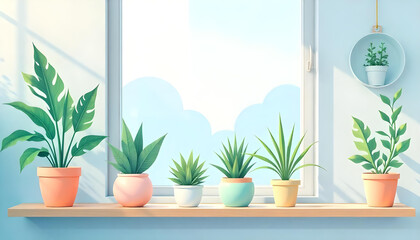Minimalist flat-style illustration of various houseplants in decorative pots, placed in a clean modern setting