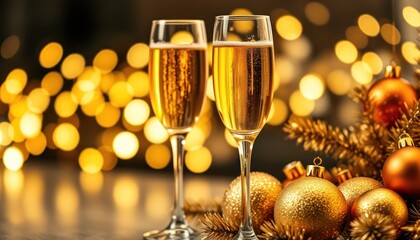 Golden champagne flutes amidst glowing lights and celebratory ornaments
