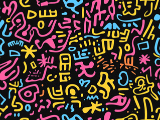 Vibrant, chaotic, and colorful doodle pattern with abstract shapes reminiscent of 90s hip-hop street art.