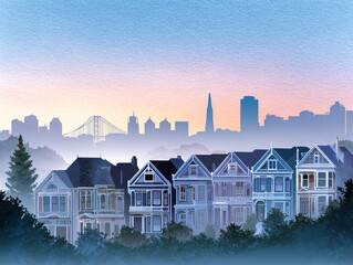 Watercolor postcard illustration of foggy San Francisco skyline with Victorian houses and dreamy lighting Generative AI