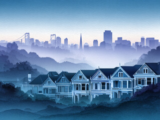 Watercolor postcard illustration of foggy San Francisco skyline with Victorian houses and dreamy lighting Generative AI