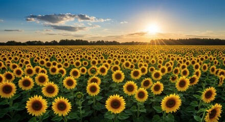 Obraz premium Sunkissed Sunflower Field Golden Blooms at Sunset.