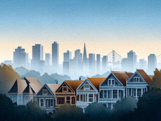 Watercolor postcard illustration of foggy San Francisco skyline with Victorian houses and dreamy lighting Generative AI